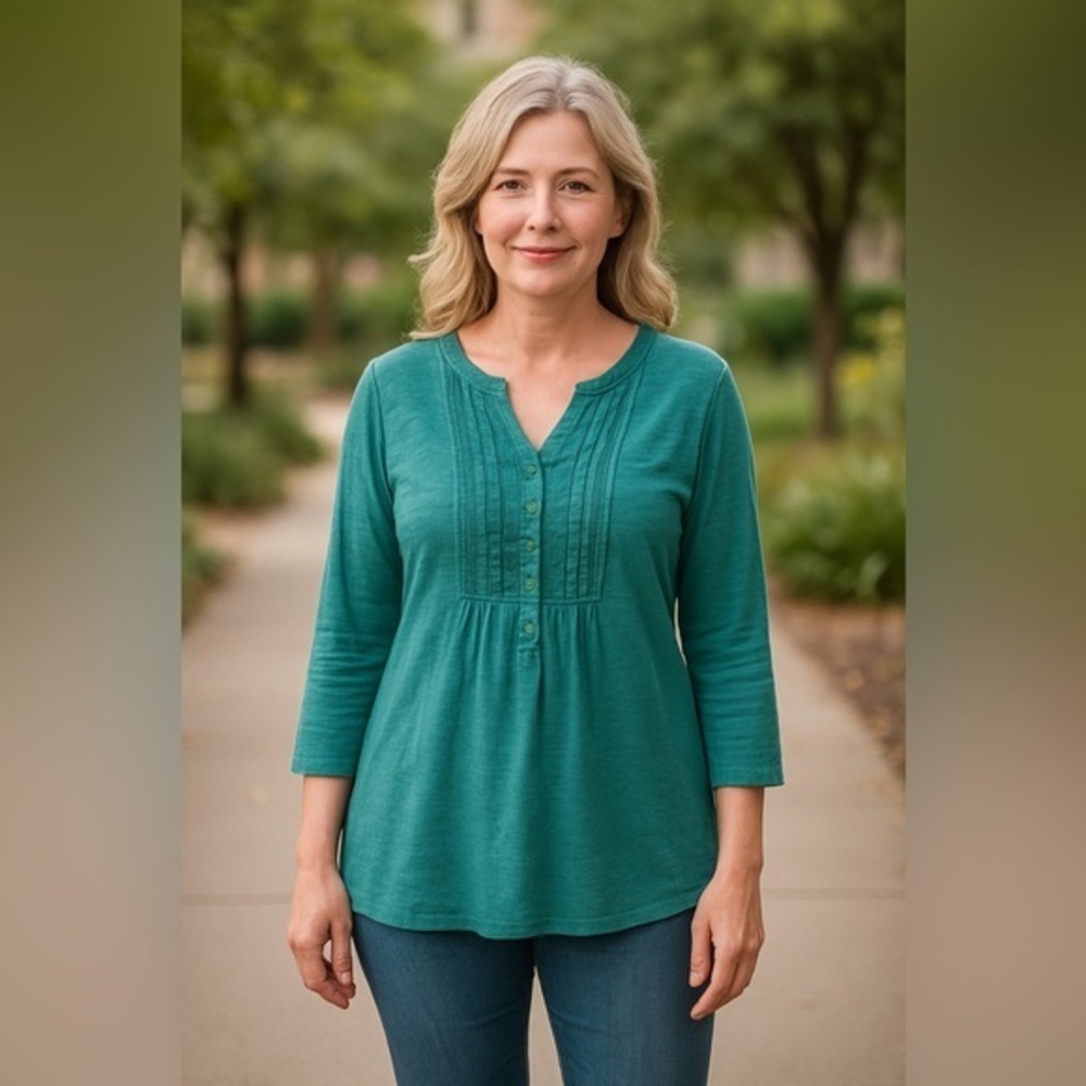 Charter Club Teal Pintuck Cotton 3/4 Sleeve Top 1X GUC #1504